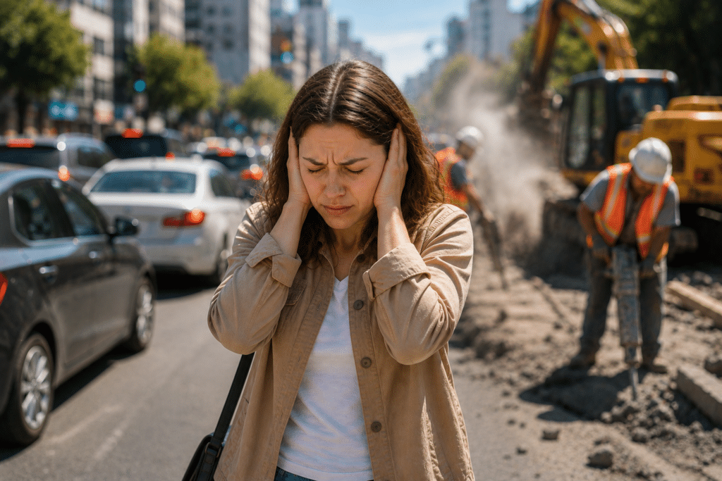 A woman stands on a busy city street covering her ears while traffic and road construction create a loud, chaotic environment around her, illustrating the effects of noise pollution on hearing health.