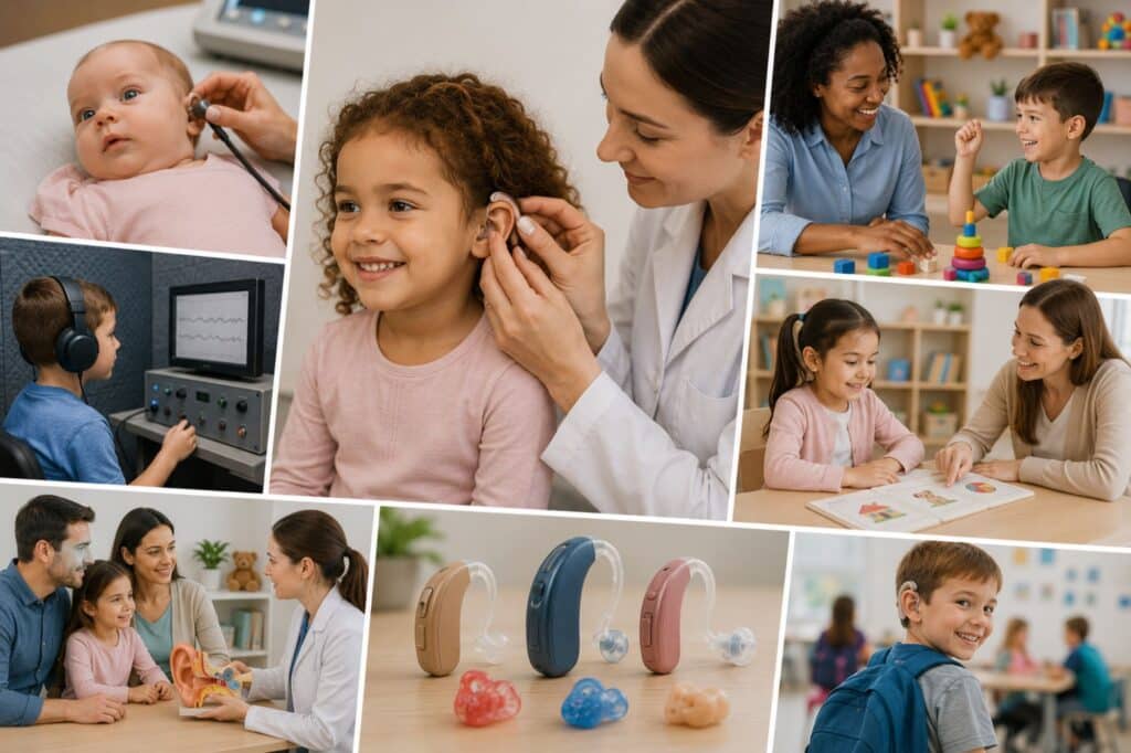 A collage of children receiving pediatric hearing care, including infant hearing screenings, hearing evaluations, hearing aid fittings, speech and listening activities, supportive family consultations, and positive interactions with pediatric audiologists in a welcoming clinical environment.