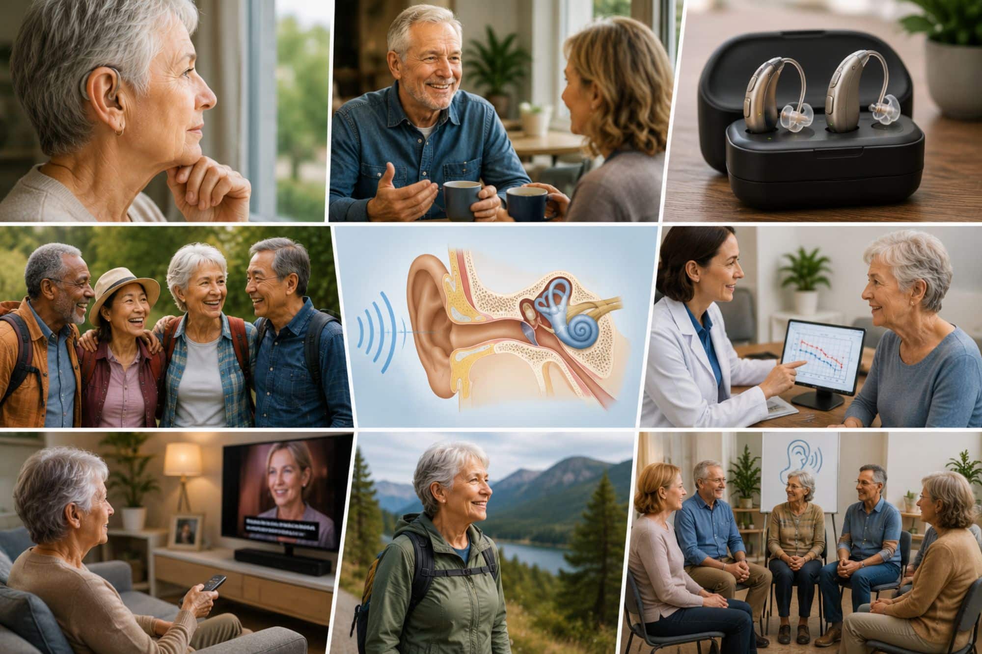 A collage of older adults adapting to hearing loss through support, technology, and social connection, featuring hearing aid users enjoying conversations, spending time with friends, meeting with a hearing care professional, participating in a support group, watching television with accessibility features, and embracing an active, fulfilling lifestyle.