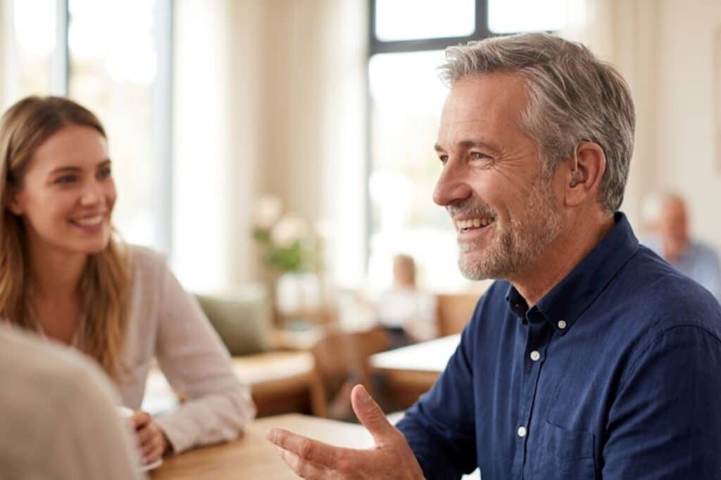 A candid photograph of a smiling, middle-aged man with gray hair having a warm conversation at a wooden cafe table, gesturing with his hand. A smiling woman is opposite him, and a third person (back to camera) listens. On the table are a smartphone and a small hearing aid charging case. The background is a blurred, sunlit cafe.