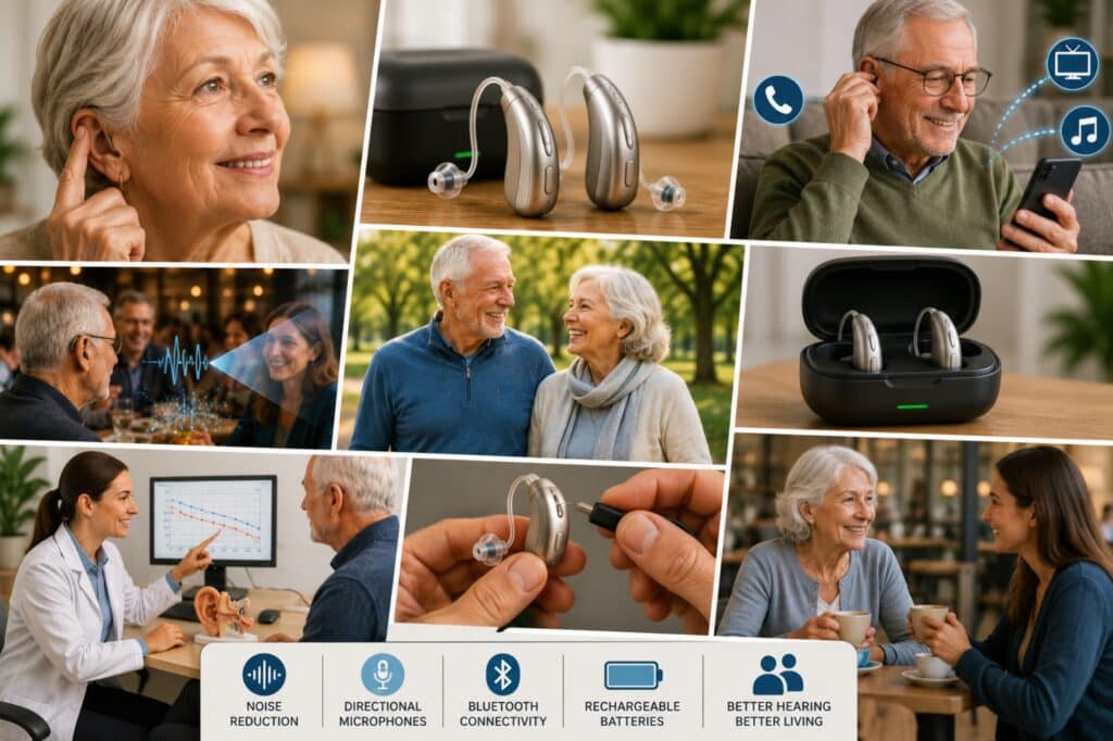 A collage showcasing advanced hearing aid technology, featuring modern rechargeable hearing aids, adults enjoying clear conversations in noisy environments, Bluetooth connectivity with smartphones, consultations with hearing care professionals, close-up hearing aid fittings, and active, connected lifestyles made possible through advanced hearing features.