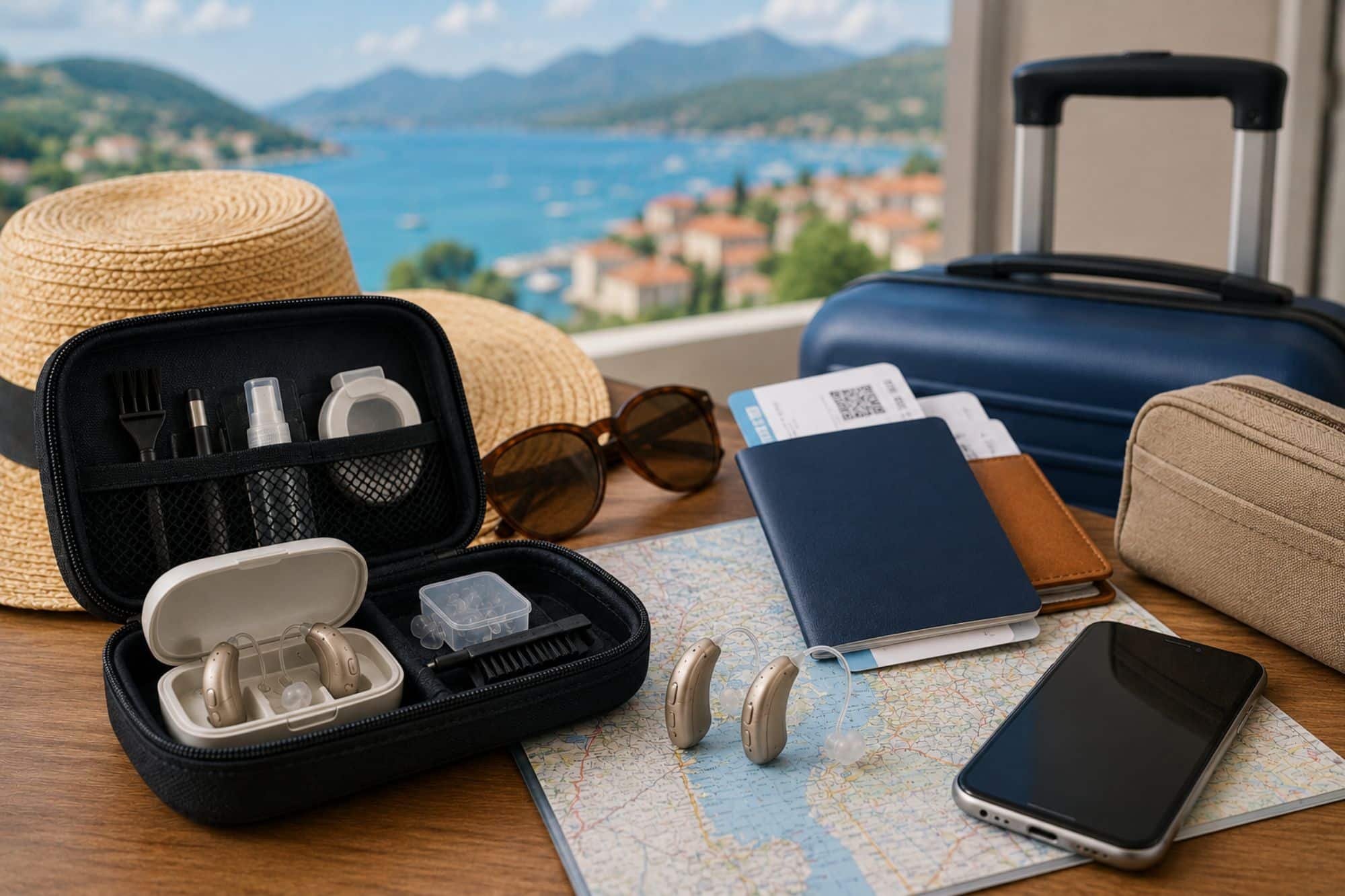 Hearing aids and cleaning supplies arranged with a suitcase, passport, smartphone, sunglasses, and map overlooking a scenic coastal destination, illustrating preparation for traveling confidently with hearing aids.